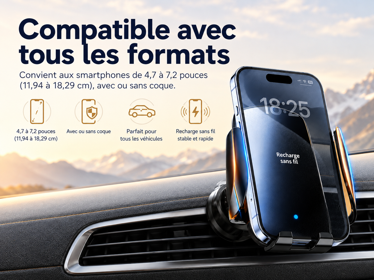 Support de téléphone voiture Charge sans fil 360 compatibles tous les formats