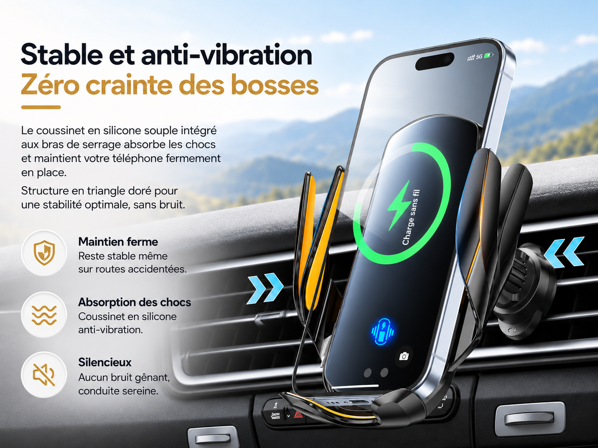 Support de téléphone voiture Charge sans fil 360 antivibration et silencieux