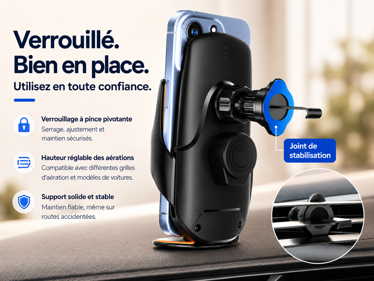 Support de téléphone voiture Charge sans fil 360 support solide et stable