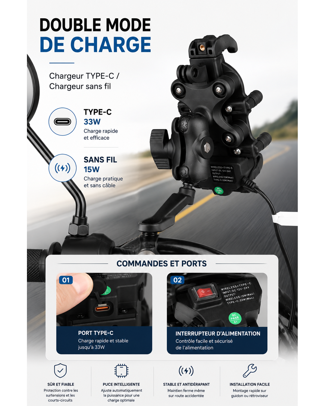 Support telephone moto 2 modes de charge avec fil ou sans fil
