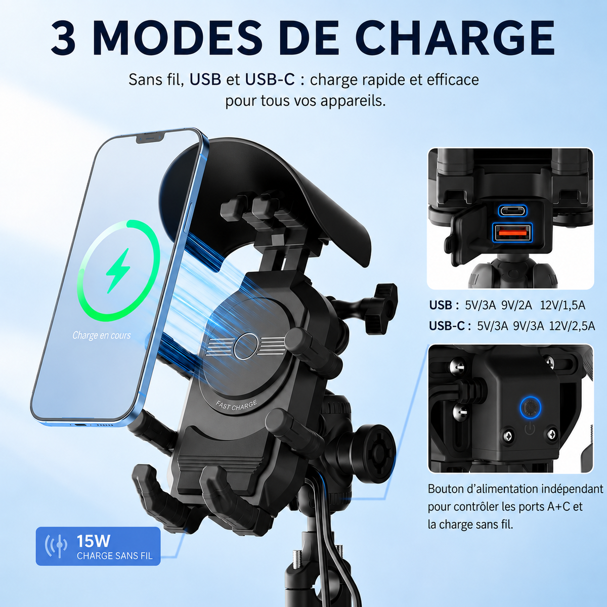 Support téléphone moto 3 modes de charge