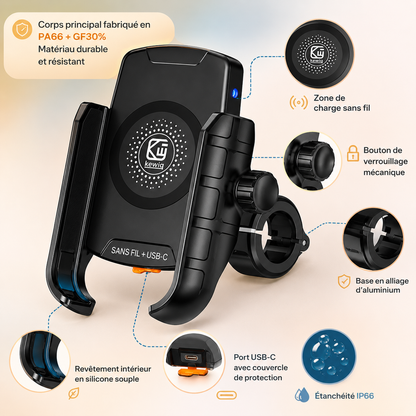 Support téléphone moto filage USBC ou sans fil