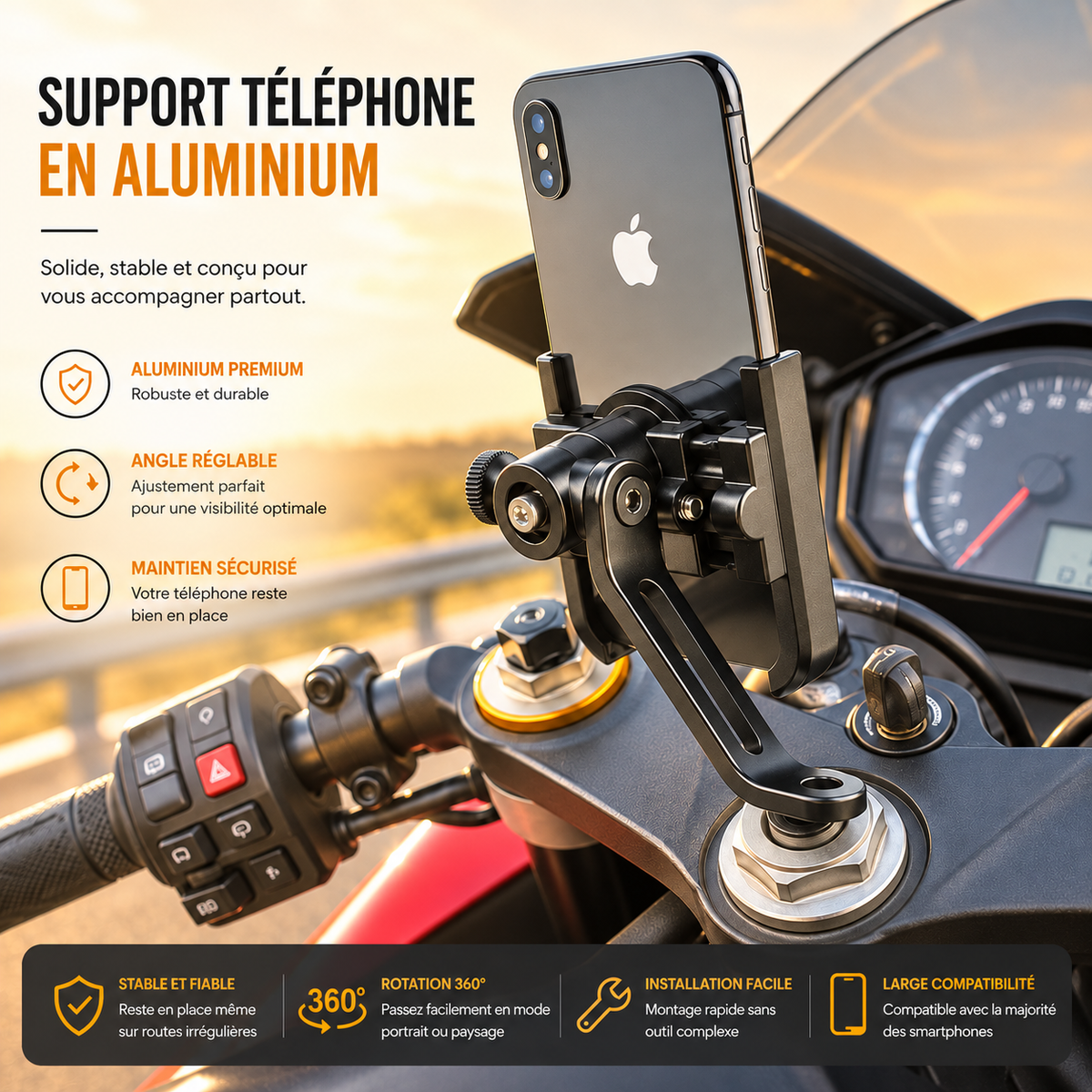 Support telephone moto support en aluminium