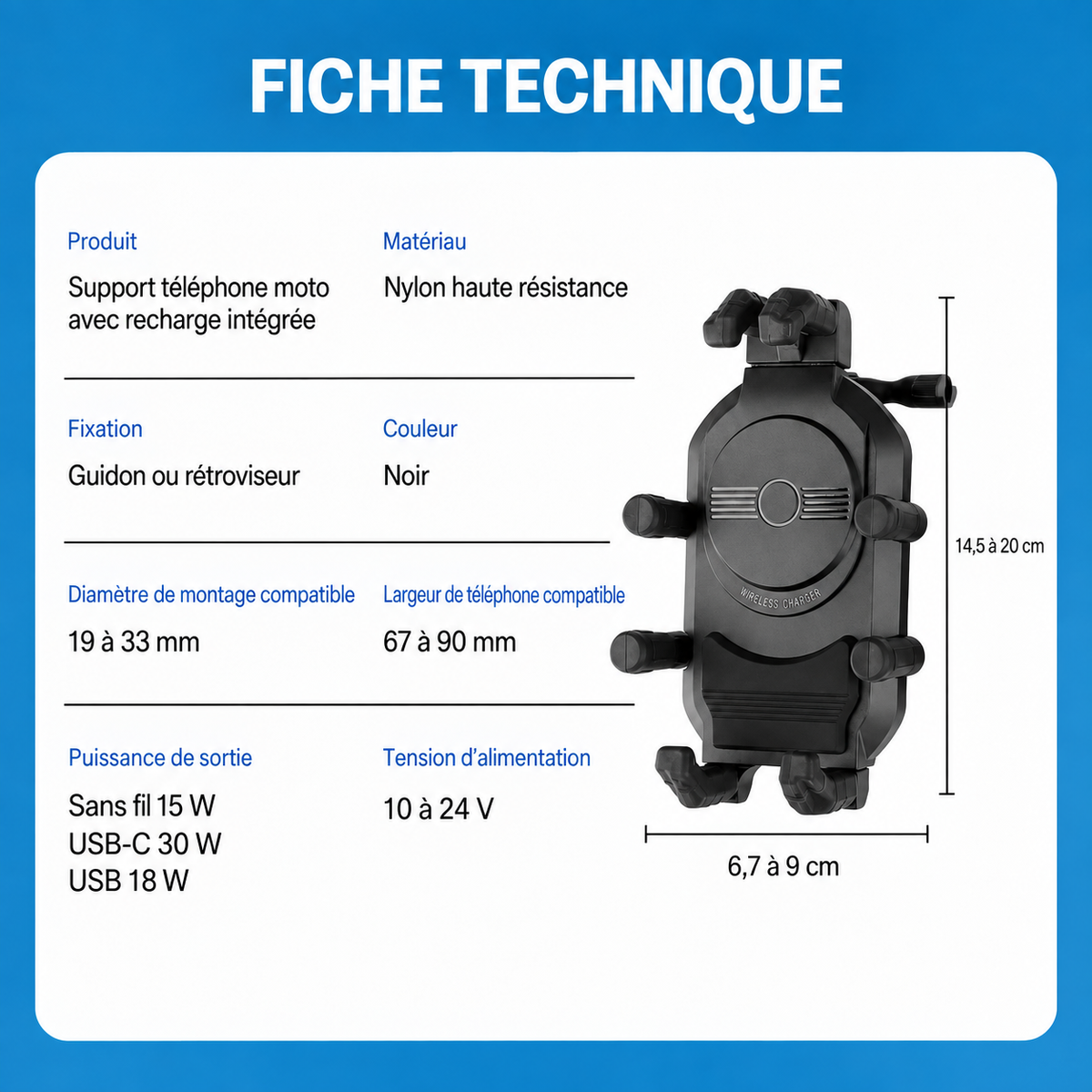 Support téléphone moto fiche technique