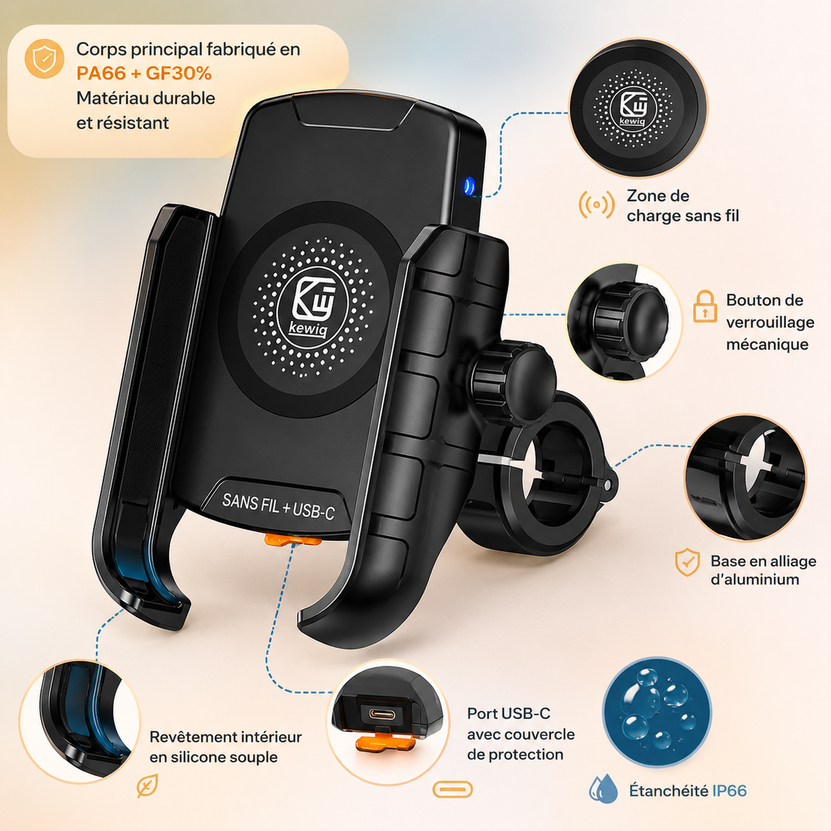 Support téléphone moto matériaux durable