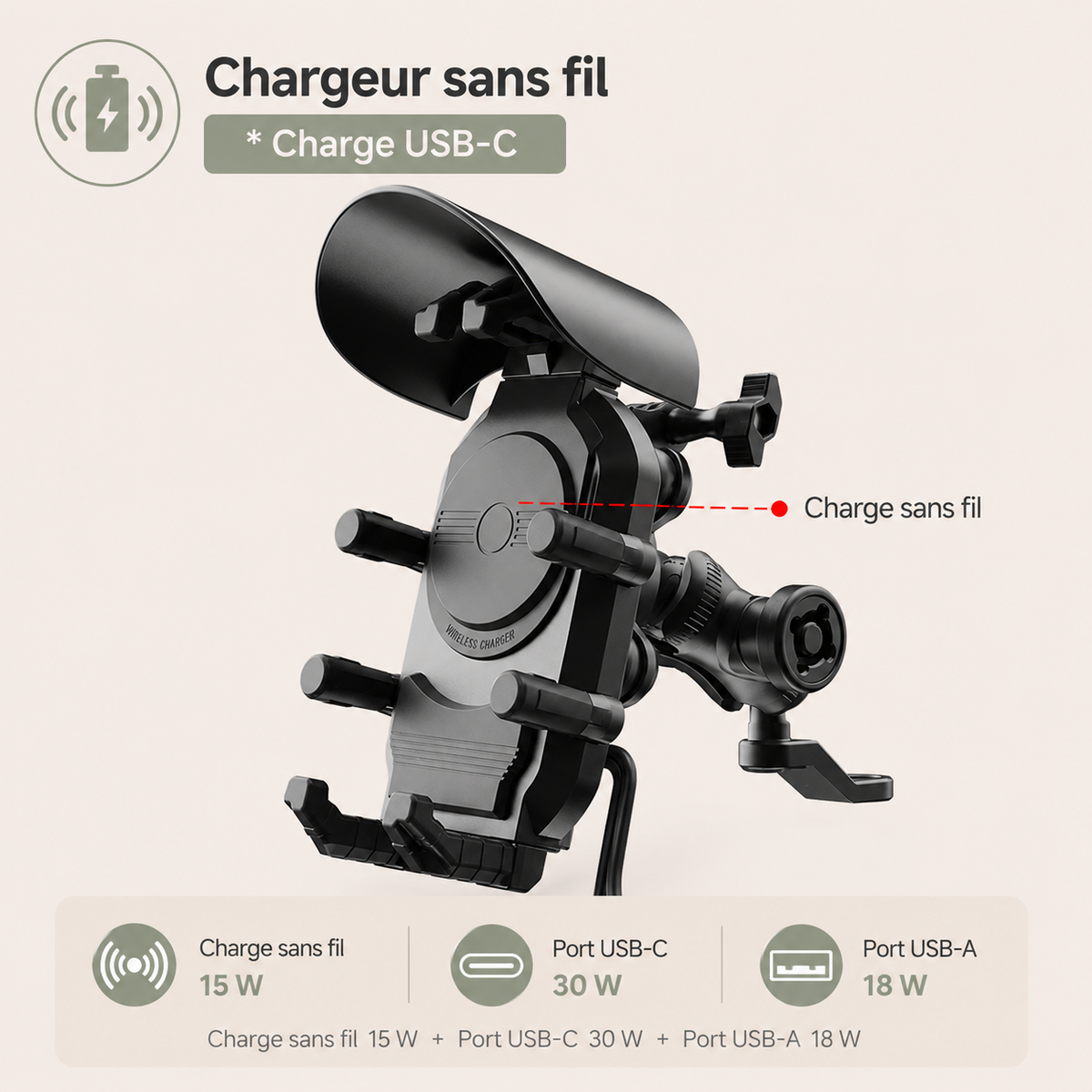 Support téléphone moto modèle 1, support téléphone charge sans fil (mirroir)