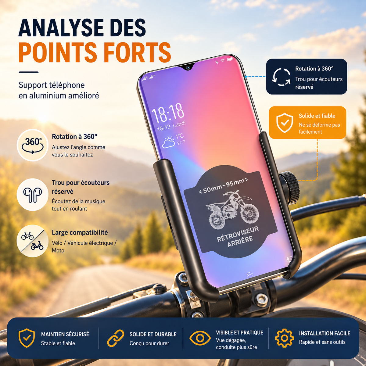 Support telephone moto points forts