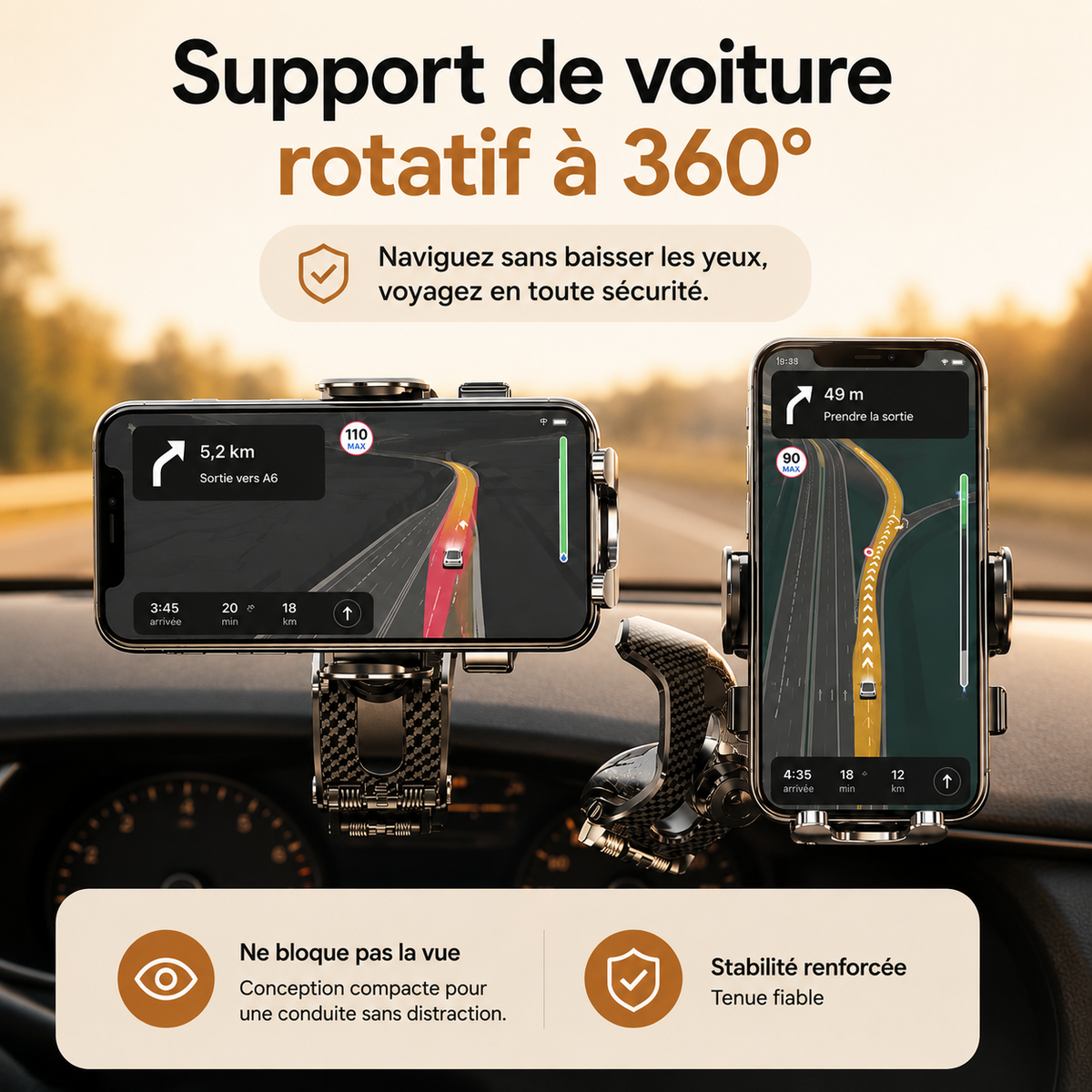 Support telephone voiture | Rotation 360 ne bloque pas la vue