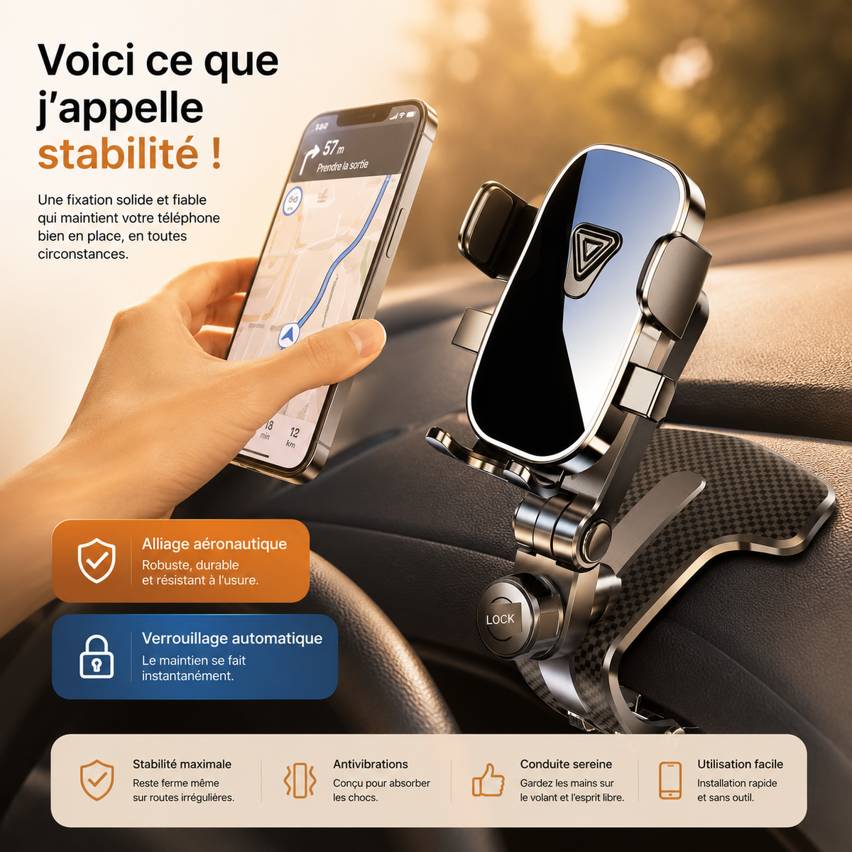 Support telephone voiture | Rotation 360 stabilité