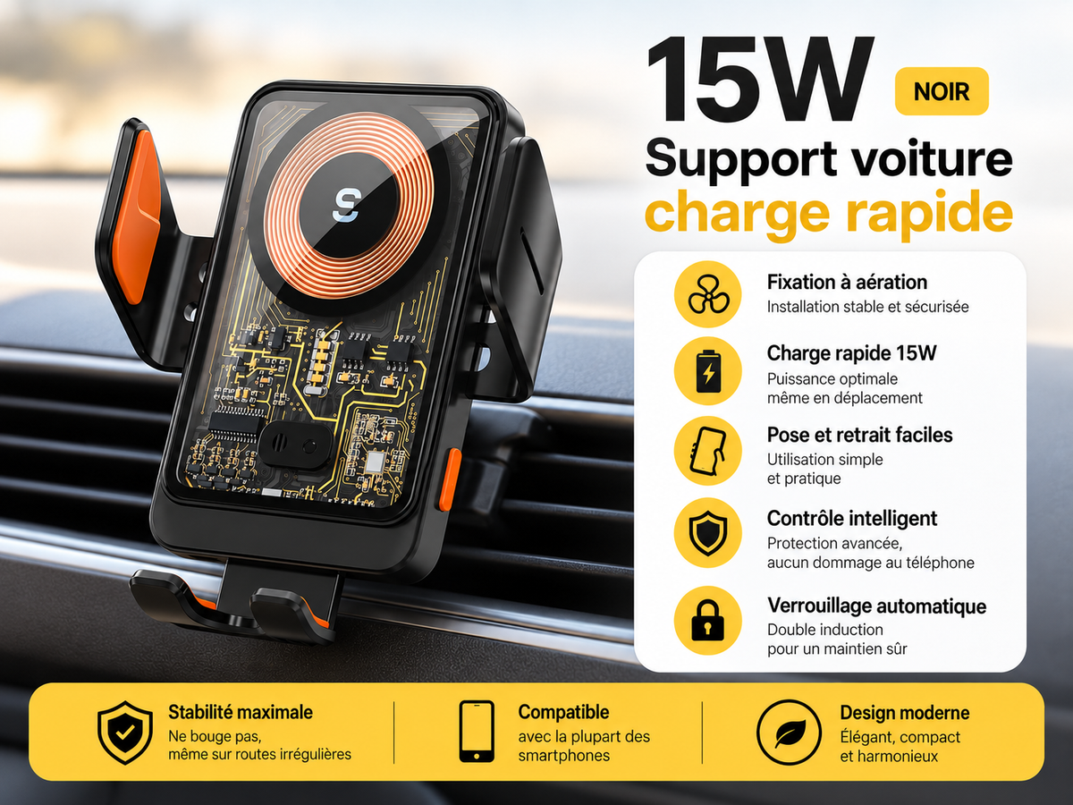 Support voiture pour telephone charge sans fil 15w fixation prise de ventilation