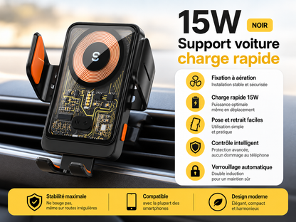 Support voiture pour telephone charge sans fil 15w fixation prise de ventilation
