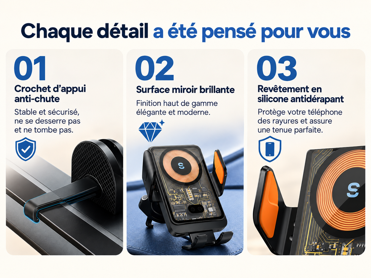 Support voiture pour telephone charge sans fil 15w simple