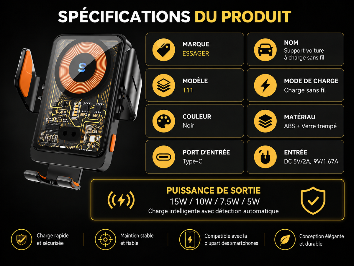 Support voiture pour telephone charge sans fil 15w spécifications