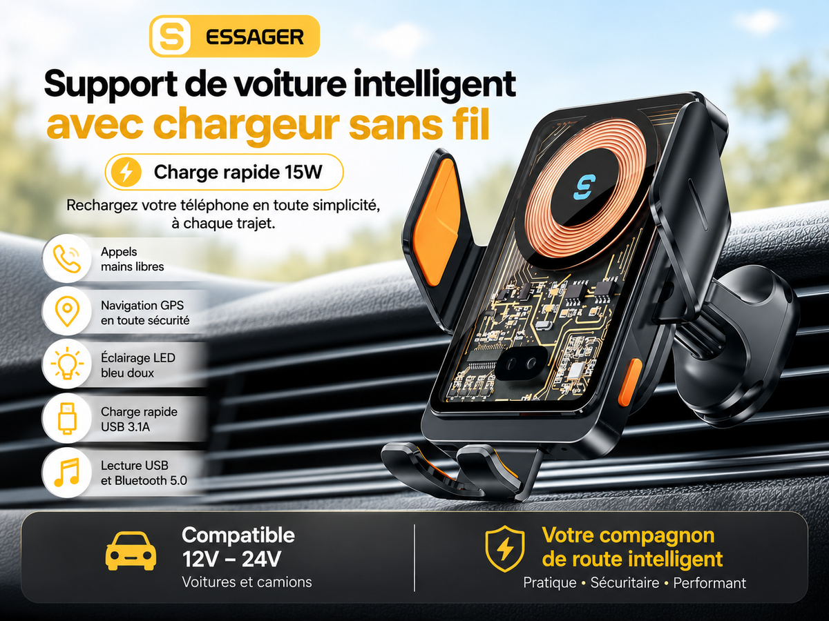 Support voiture pour telephone charge sans fil 15w  support pour voiture intelligent
