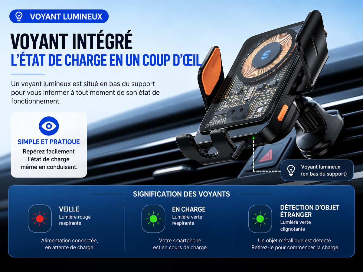 Support voiture pour telephone charge sans fil 15w voyant intégré