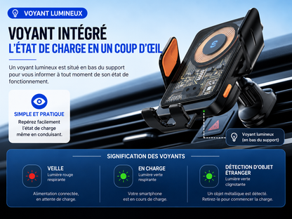 Support voiture pour telephone charge sans fil 15w voyant intégré