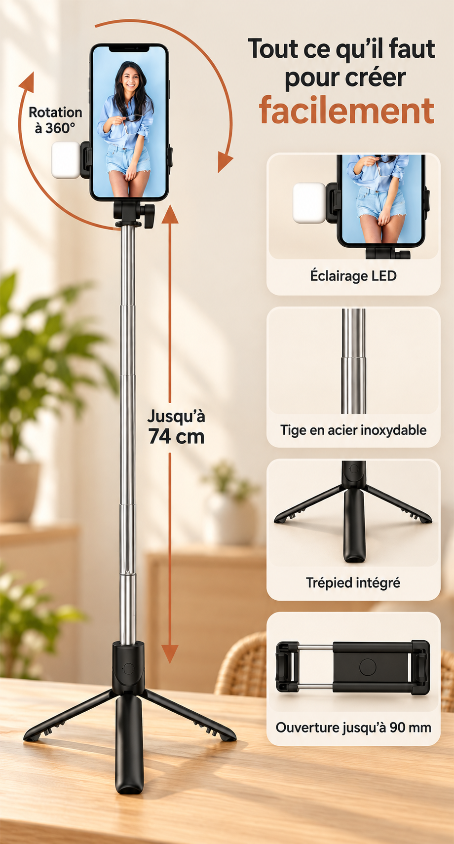 Trépied pour smartphone | 3 en 1 Bluetooth parfait