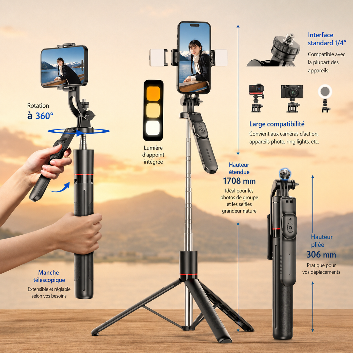 Trepied pour telephone | Bluetooth 1,7m manche telescopique