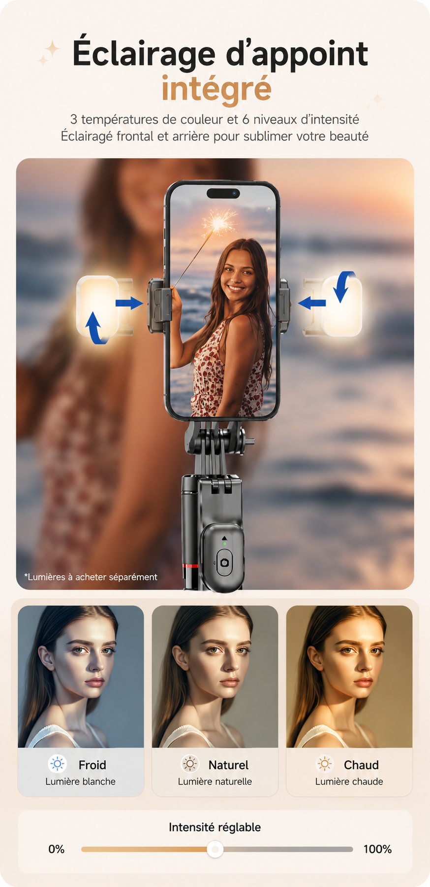 Trepied pour telephone | Bluetooth 1,7m eclairage dappoint