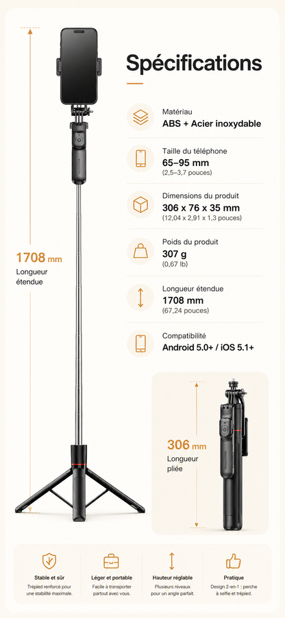 Trepied pour telephone | Bluetooth 1,7m spécifications