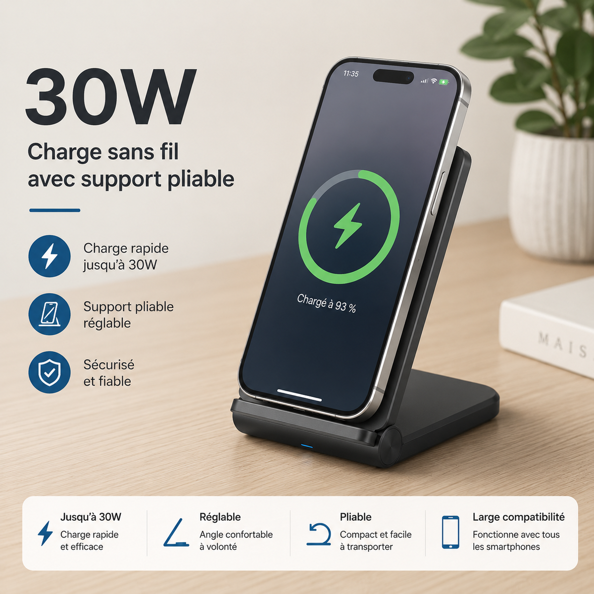 chargeur induction iphone Pliable 30W support pliable