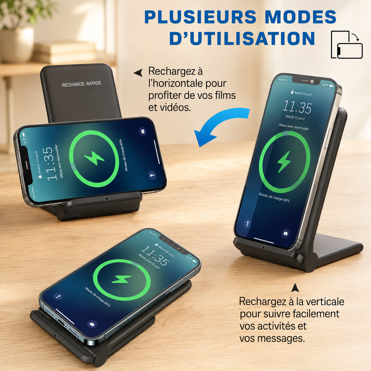 chargeur induction iphone Pliable 30W à la verticale comme à Lhoriontal