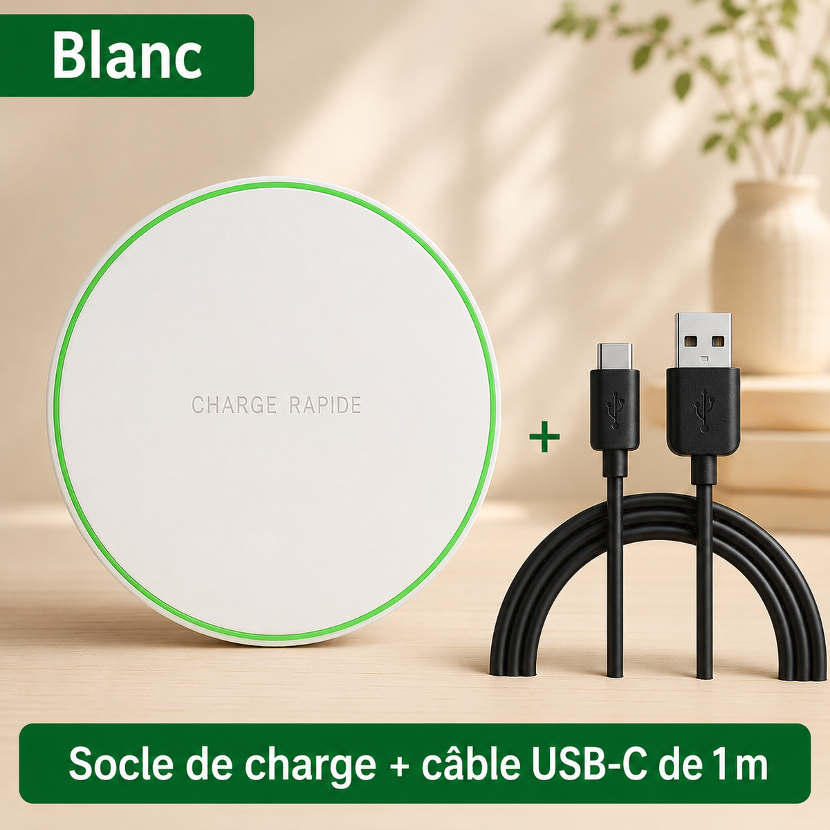 chargeur induction samsung Rapide 15W en blanc socle de charge et câble USB-C inclus