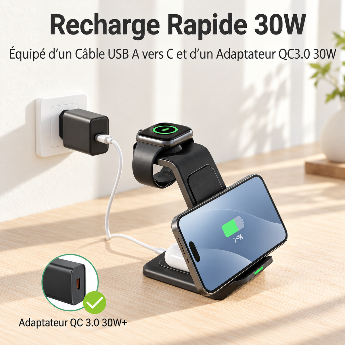 chargeur rapide iphone 3-en-1 30W adaptateur inclus