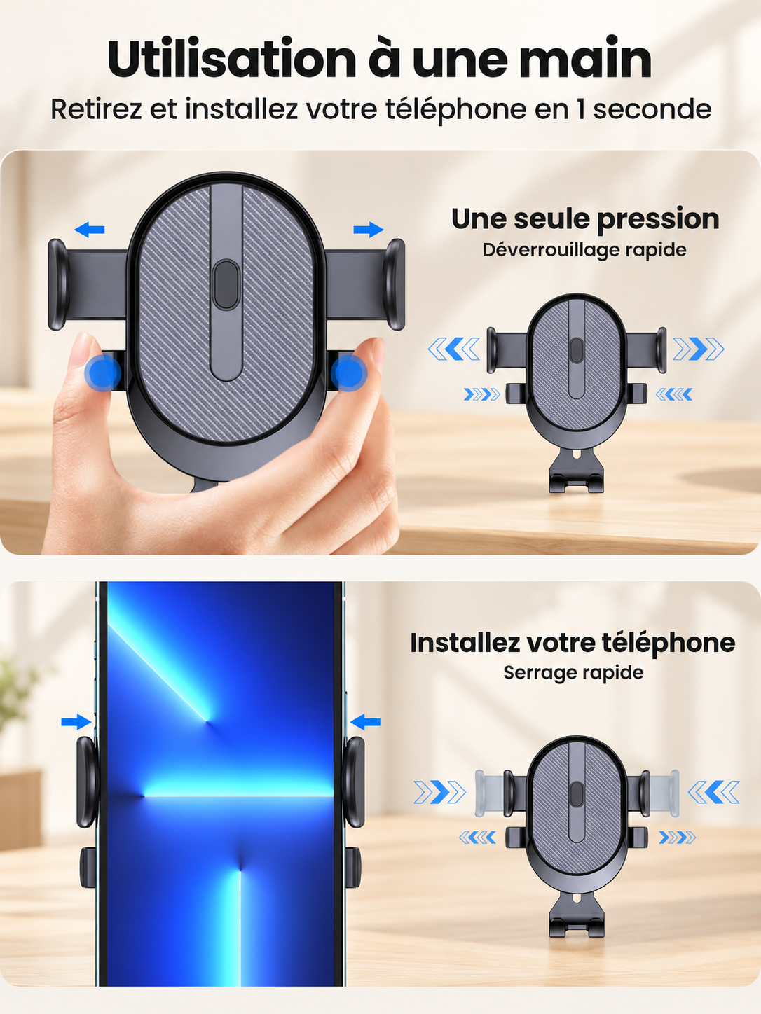 Support telephone voiture serrage et déverrouillage rapide